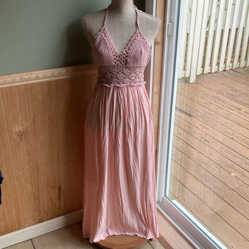 Lilbetter peach crocheted halter maxi dresss